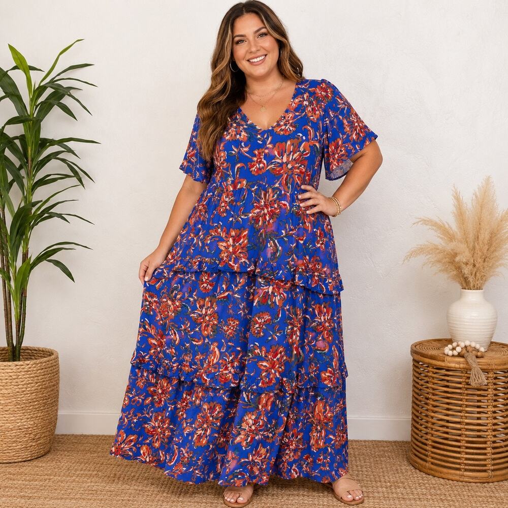 Rusttydustty Blue Floral Tiered Maxi Dress 3XL Boho V Neck 100% Viscose